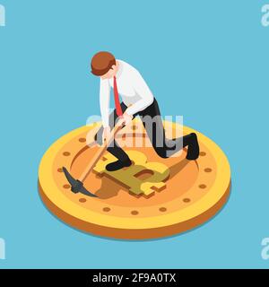 Un uomo d'affari isometrico 3d piatto usa Pickaxe Digging su Bitcoin. Bitcoin Mining e concetto di criptovaluta. Illustrazione Vettoriale