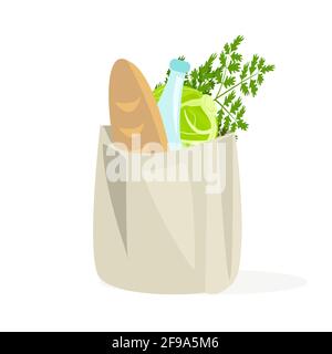 Shopping in una borsa di carta. Icona isolata su sfondo bianco, vettore. Generi alimentari, cibo o generi alimentari, una bottiglia di latte e pane. Prodotti da forno e latticini Illustrazione Vettoriale