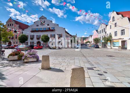 Ludwigsplatz, municipio, torre Danubio, facciata casa, vecchio, Storia, architettura, Kelheim, Baviera, Germania, Europa Foto Stock