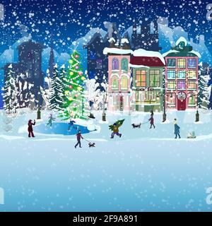 Città d'inverno nella decorazione di Natale. Una città festosa con nevicate, case da favola e un albero di Natale. Le persone camminano, pattinano, si rilassano. Illustrazione vettoriale Illustrazione Vettoriale