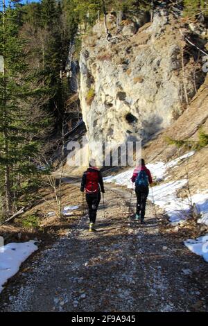 Escursione alla croce Gerolder, due giovani donne in discesa, Germania, Baviera, Werdenfels, Geroldsee, Europa, alta Baviera, Werdenfelser Land, alpi, paesaggio montano, Montagne, paesaggi, vicino Krün, natura, riposo, silenzio, idillio, stagione, Foto Stock