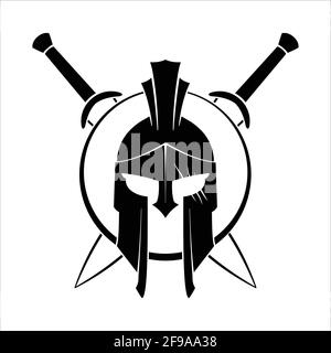 Icona del casco guerriero / Logo con scudo e silhouette delle spade su bianco Illustrazione Vettoriale