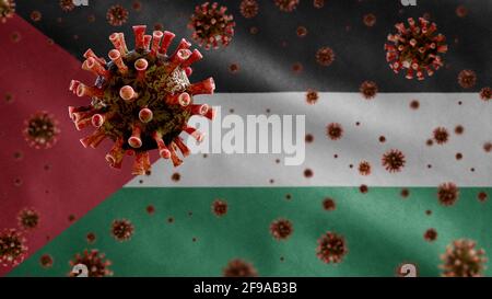 3D, il coronavirus del flu che galleggia sopra la bandiera palestinese, un patogeno che attacca le vie respiratorie. Bandiera palestinese sventolando con pandemia di Covid19 vi Foto Stock