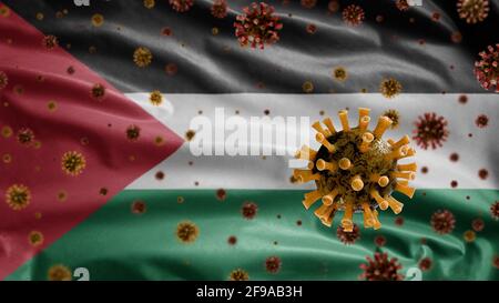 3D, il coronavirus del flu che galleggia sopra la bandiera palestinese, un patogeno che attacca le vie respiratorie. Bandiera palestinese sventolando con pandemia di Covid19 vi Foto Stock