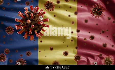3D, influenza coronavirus fluttuante sulla bandiera rumena, un patogeno che attacca le vie respiratorie. Romania banner ondulato con pandemia di Covid19 virus i Foto Stock