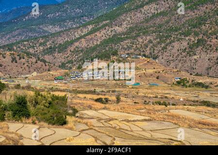 Il Chimi Lhakhang è un monastero buddista del Bhutan. Si trova vicino al villaggio di Sopsokha nel distretto di Punakha del Bhutan. Pellegrini e turisti hav Foto Stock