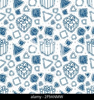 Confezioni regalo e diverse forme geometriche motivo senza cuciture. Sfondo astratto senza fine disegnato a mano con: Diverse scatole regalo, quadrati, triangoli. Illustrazione Vettoriale