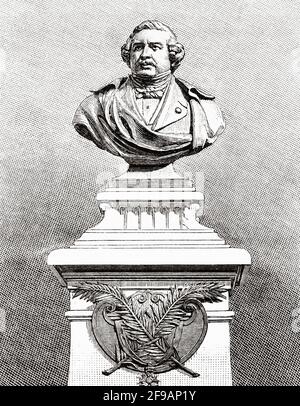 Louis-Jacques-Mandé Daguerre (1787-1851), conosciuto come Louis Daguerre, fu il primo popolarizzatore della fotografia, dopo aver inventato il daguerreotipo, e lavorò anche come pittore e decoratore teatrale. Monumento dedicato in omaggio a Daguerre inaugurato a Cormeilles-en-Parisis, Parigi 26 agosto 1883. Francia, Europa. Antica illustrazione del XIX secolo incisa da la Nature 1889 Foto Stock