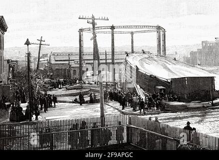 Brooklyn gas Explosion, gennaio 1889. New York City, Stati Uniti, Stati Uniti. Antica illustrazione del XIX secolo incisa da la Nature 1889 Foto Stock