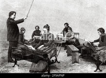 Concerto di Monochord eseguito da giovani ragazze del villaggio di pietra, Meurthe-et-Moselle. Francia. Europa. Antica illustrazione del XIX secolo incisa da la Nature 1889 Foto Stock