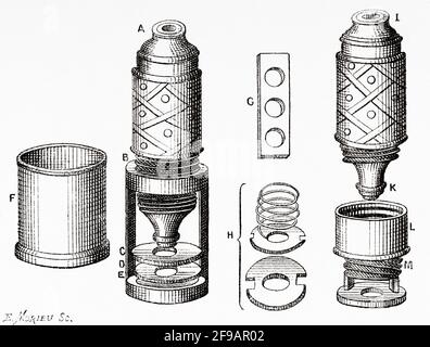 Microscopi Filippo Bonanni, 1660. Antica illustrazione del XIX secolo incisa da la Nature 1889 Foto Stock