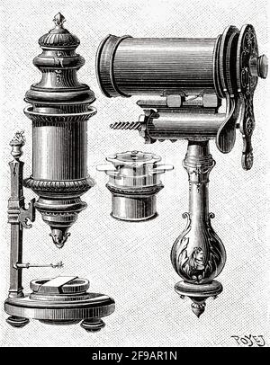 Microscopio di Louis Joblot (1645-1723) Vecchia illustrazione incisa del 19 ° secolo Da la Nature 1889 Foto Stock