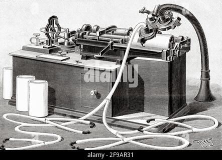 Fonografo Edison. Antica illustrazione del XIX secolo incisa da la Nature 1889 Foto Stock