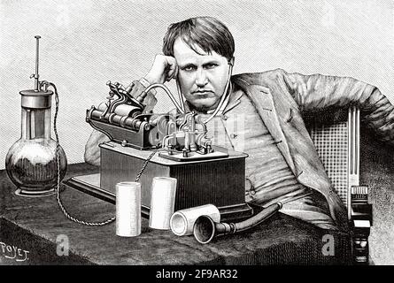 Thomas Edison (1847-1931) inventore americano in ascolto del primo messaggio inviato dall'Inghilterra a New York. Stati Uniti. Antica illustrazione del XIX secolo incisa da la Nature 1889 Foto Stock