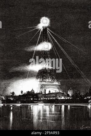 La Torre Eiffel ha illuminato la notte dell'apertura dell'esposizione universale di Parigi, lunedì 6 maggio 1889. Francia. Europa. Antica illustrazione del XIX secolo incisa da la Nature 1889 Foto Stock