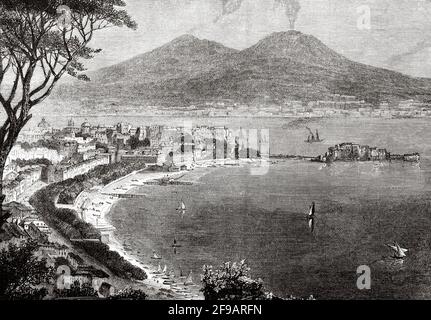 Vista panoramica generale di Napoli e del vulcano Vesuvio visto da Posillipo, alla fine del 1800. Italia, Europa. Antica illustrazione del XIX secolo incisa da Souvenirs de la Reformation en Italie 1883 di John Stoughton (1807-1897) Foto Stock