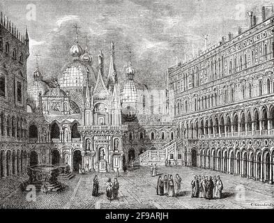 Corte del Palazzo Ducale, Venezia, fine Ottocento. Italia, Europa. Antica illustrazione del XIX secolo incisa da Souvenirs de la Reformation en Italie 1883 di John Stoughton (1807-1897) Foto Stock