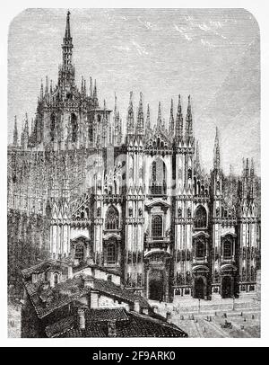 Cattedrale della Natività della Vergine Santa, Piazza del Duomo. Milano, Lombardia, fine Ottocento. Italia, Europa. Antica illustrazione del XIX secolo incisa da Souvenirs de la Reformation en Italie 1883 di John Stoughton (1807-1897) Foto Stock