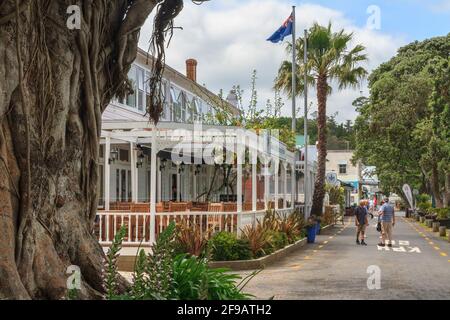 Lo storico Duca di Marlborough Hotel sul lungomare di Russell, Bay of Islands, Nuova Zelanda Foto Stock