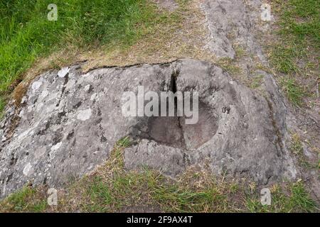 Ciotola di unzione presso l'antico forte di Dunadd, Argyll, Scozia Foto Stock