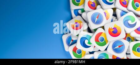 Battaglia del concetto browser: Loghi delle principali applicazioni del browser Mozilla Firefox, Apple Safari. Google Chrome e Microsoft Edge in un heap. Banner Web Foto Stock