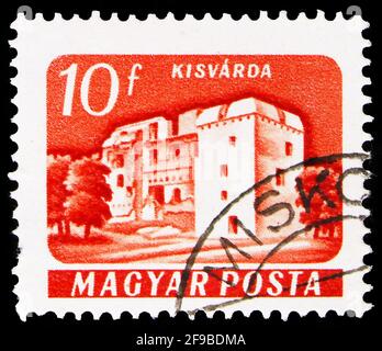 MOSCA, RUSSIA - 24 SETTEMBRE 2019: Francobollo stampato in Ungheria mostra Kisvárda, 10 ungherese fillér, Castelli (1960-64) serie, circa 1961 Foto Stock