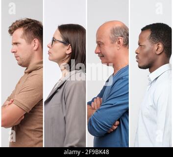 Vista laterale ritratto di diverse persone maschili e femminili guardando seriamente da parte. Foto Stock