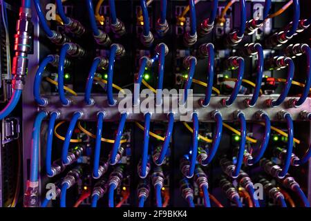 Immagine di sfondo dei cavi blu collegati inseriti nell'apparecchiatura server nel server di database Foto Stock