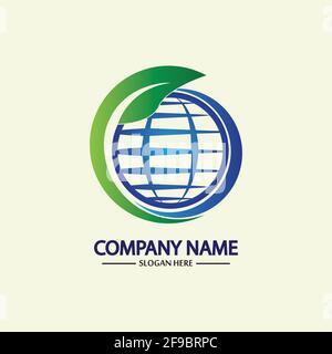 Eco World Nature Global Logo Design Template.World Globe icona con foglia simbolo intorno. Utilizzabile per aziende, natura, ambiente, scienza ed ecologia L Illustrazione Vettoriale