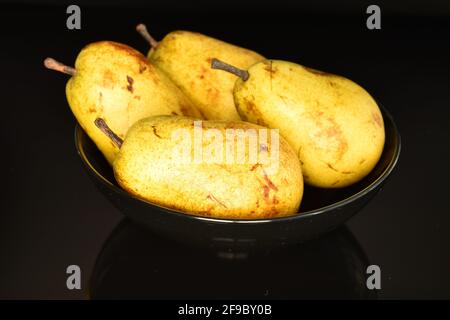 Gruppo di diverse pere organiche in una piastra di ceramica nera, primo piano, su sfondo nero. Foto Stock