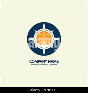 Modello di design con logo bussola e faro Illustrazione Vettoriale