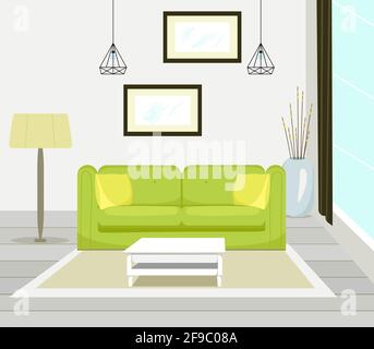 Interno di soggiorno moderno con mobili da divano, tavolo, lampada da terra, grande finestra, pittura di parete, illustrazione vettoriale in stile piatto Illustrazione Vettoriale