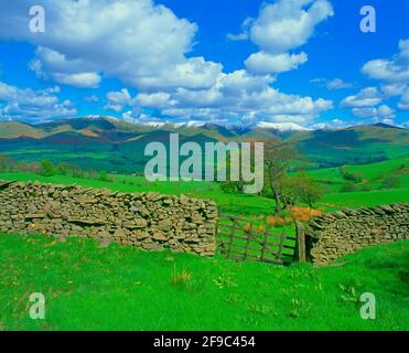 Regno Unito, Inghilterra, Cumbria, paesaggio primaverile con la neve innevata Langdale cadde, Foto Stock