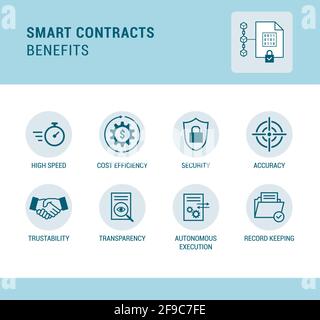 Contratti intelligenti su vantaggi blockchain, concetto di tecnologia e finanza, set di icone Illustrazione Vettoriale