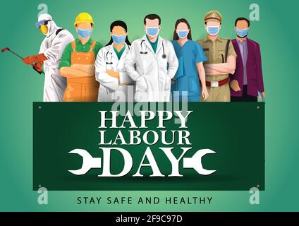 Un gruppo di persone di diverse professioni. Medico, polizia, uomo d'affari, lavoratore. Insieme di occupazioni. Festa del lavoro il 1 maggio. Coronavirus, conce covid-19 Illustrazione Vettoriale
