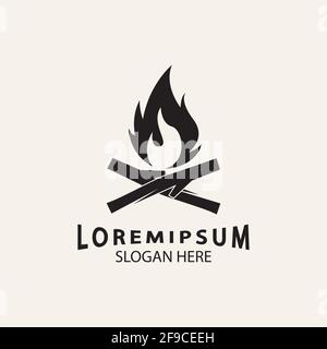 vintage Hipster bonfire Campfire logo etichetta vettore immagine su sfondo scuro. Tronchi incrociati di legno e fuoco fiamma Classic badge Illustrazione Vettoriale