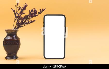 Smartphone vintage e retro bianco schermo mockup bianco, foto di natura morta sfondo con erba secca Foto Stock
