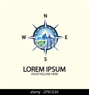 Bussola con la montagna per il logo disegno illustratore icona esplorazione strumento escursionistico. Illustrazione Vettoriale