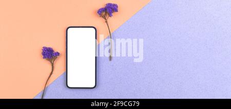 Mockup floreale a posa piatta con schermo bianco vuoto, smartphone con fiori secchi su sfondo bicolore, foto di concetto desktop home Office Foto Stock