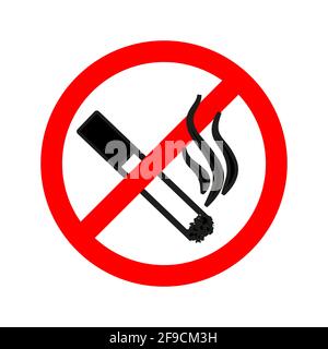 Cartello rosso vietato fumare, semplice sigaretta nera con fumo isolato su bianco Illustrazione Vettoriale
