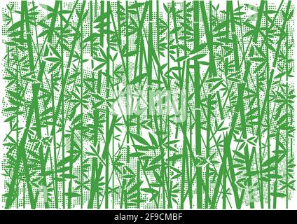 Sfondo di bambù con raster punteggiato. Illustrazione decorativa stilizzata di bambù verde su sfondo bianco.Vector disponibile. Illustrazione Vettoriale