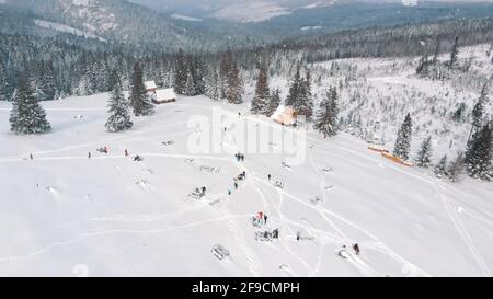 Scenario invernale mozzafiato di neve coperta foresta sempreverde con montagne sullo sfondo durante la nevicata. Foto di alta qualità Foto Stock