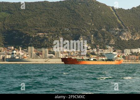 La nave della tigre di Chem (IMO: 9287297) ormeggiata a Gibilterra è un'autocisterna petrolifera/chimica che è stata costruita nel 2003 e sta navigando sotto la bandiera delle isole Marshall Foto Stock