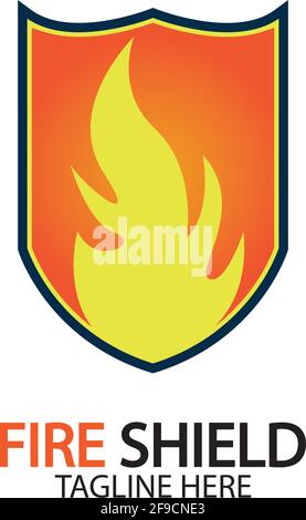 Elemento di design con logo di protezione antincendio. Protezione cartello antincendio. Illustrazione del vettore fiamma fuoco Illustrazione Vettoriale