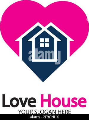 Logo Love Home. Combinazione di icone cuore e Casa. Simbolo di salute e cura. Modello di progettazione di logo vettoriali piatti Illustrazione Vettoriale