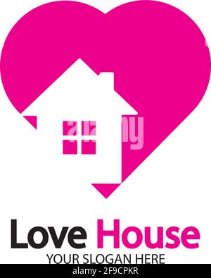 Logo Love Home. Combinazione di icone cuore e Casa. Simbolo di salute e cura. Modello di progettazione di logo vettoriali piatti Illustrazione Vettoriale