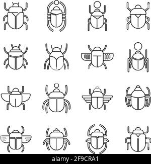 Set di icone scarabeo Egitto, stile contorno Illustrazione Vettoriale