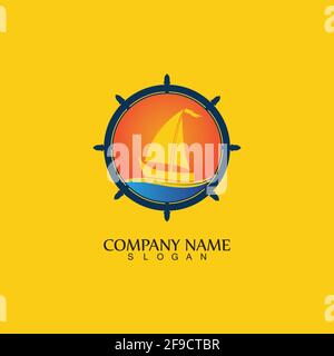 Volante Ship and Boat Helm sull'acqua Wave Simbolo logo Ocean Illustrazione Vettoriale