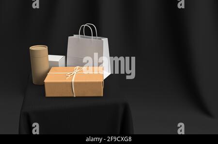 Borse per la spesa e scatola sul modello del tavolo su sfondo nero rendering 3d modello mockup vendite black friday Foto Stock