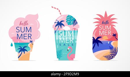 Design di concetto per il divertimento estivo. Sfondo creativo di paesaggio, panorama del mare e della spiaggia su ananas, gelato e frullato di vetro frullato. Estate Illustrazione Vettoriale